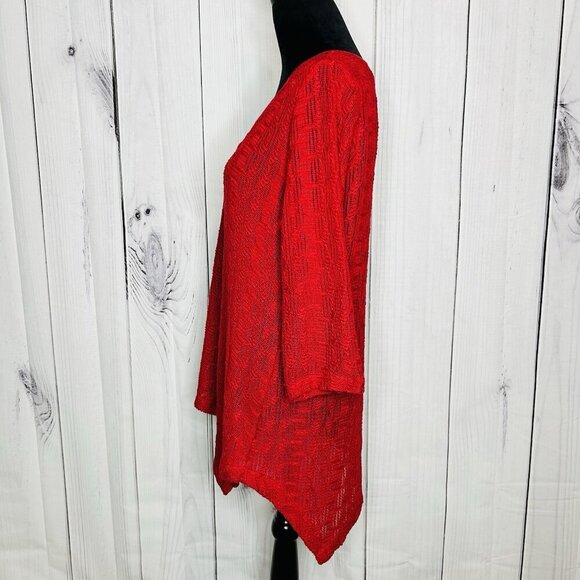 Chicos Womens Sweater Sz 2 Large Red Asymmetrical Pullover V-Neck Open-Knit - Picture 4 of 10